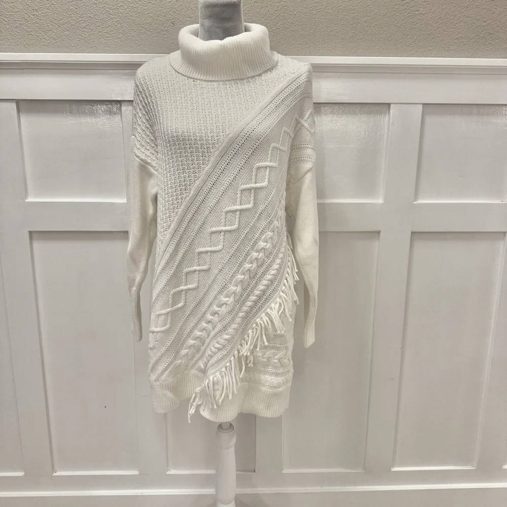 Chico’s Cream Boho Fringe Turtleneck Cable-Knit Tunic Sweater Women Size:2/L
